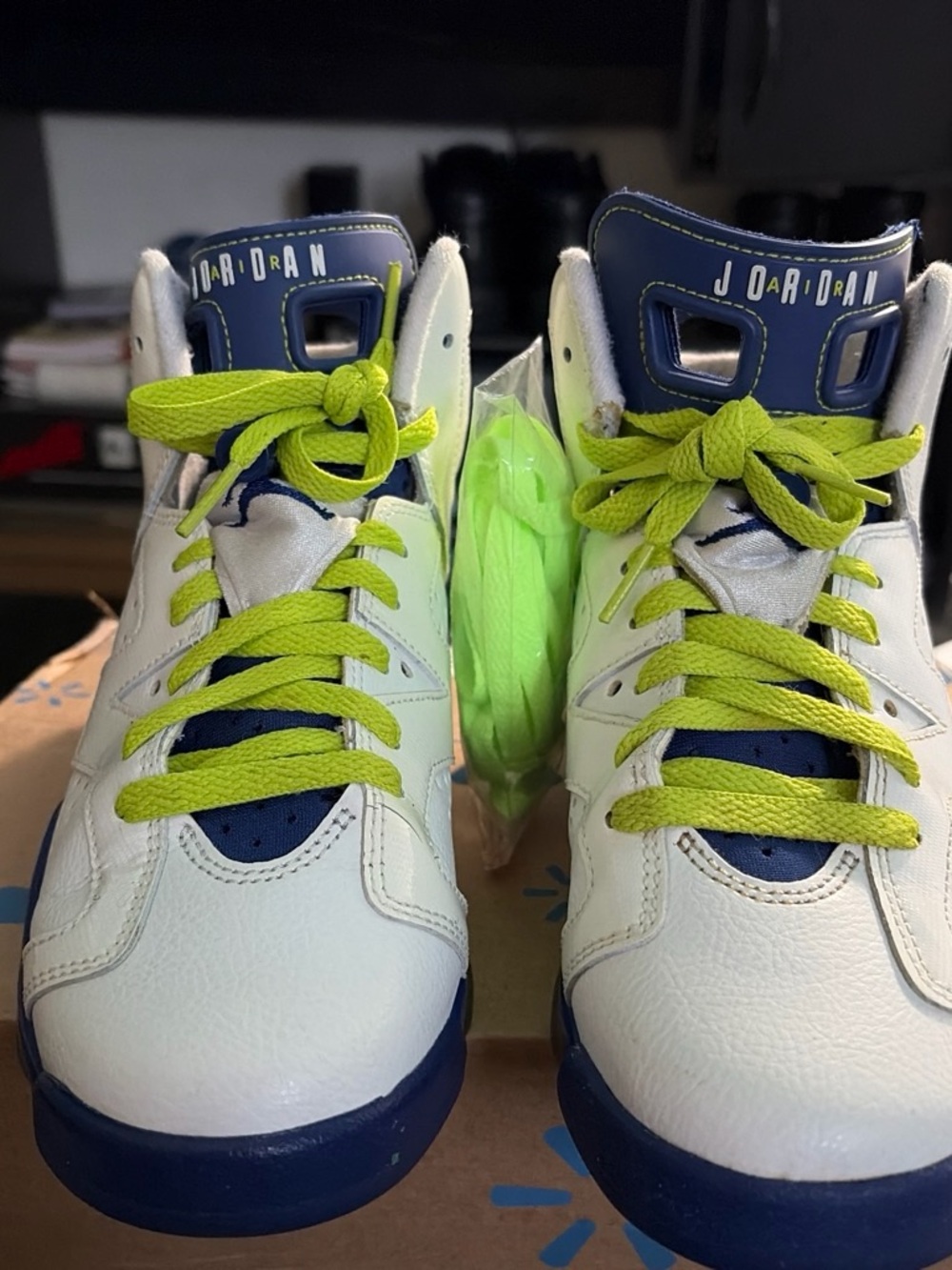 Jordan Kids White Navy Sneakers with Lime Green Laces
